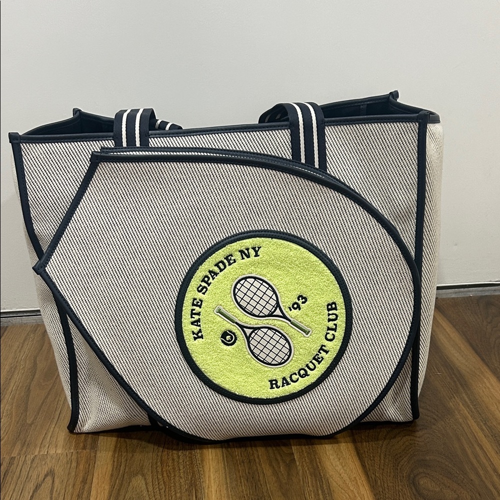 kate spade Black & White Striped Canvas Tote with Lime Tennis Patch